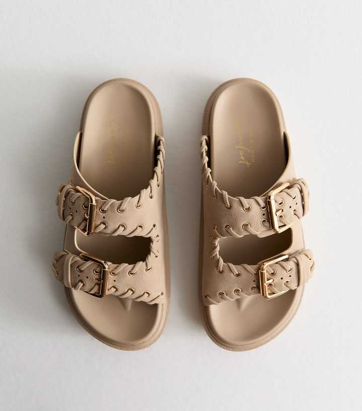 Camel Faux Suede Whipstitched Strap Flatform Sandals