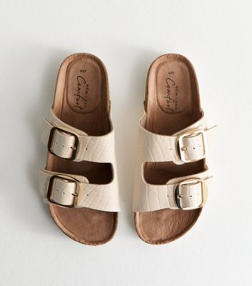 Off White Croc Effect Faux Leather Buckled Strap Flat
