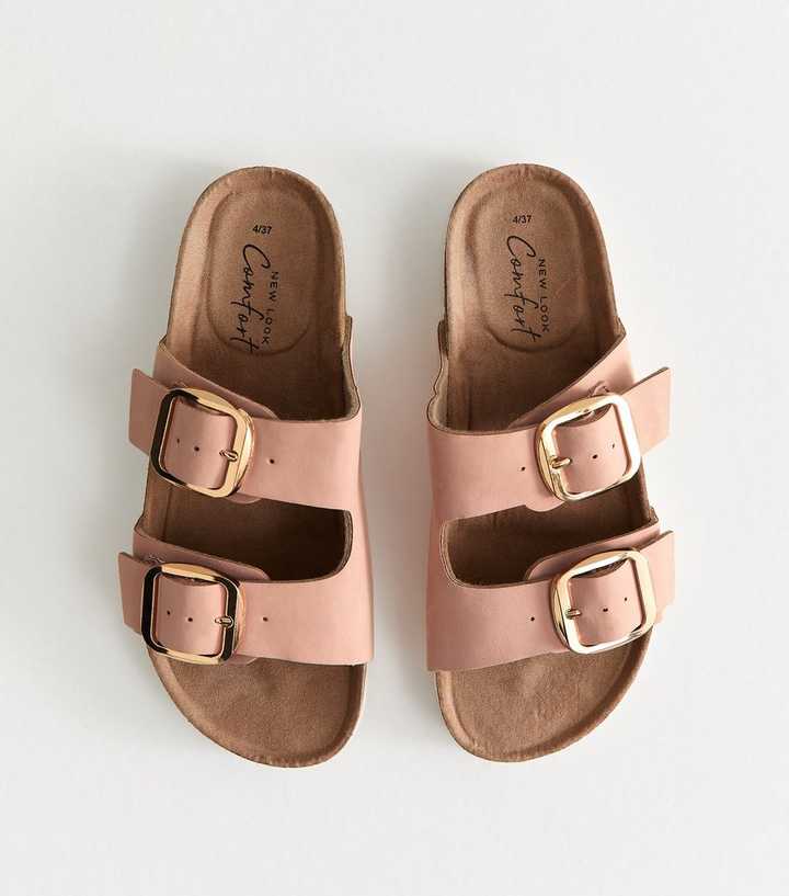 Light Pink Faux Suede Buckled Strap Flat Sandals