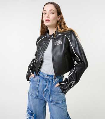 Pink Vanilla Black Cropped Racer Faux Leather Jacket