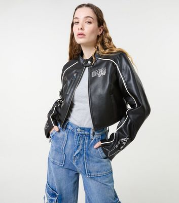Pink Vanilla Black Cropped Racer Faux Leather Jacket | New Look