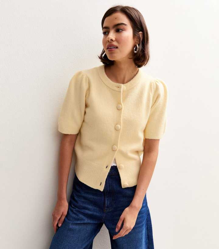 Light Yellow Midweight Knit Short Sleeve Cardigan