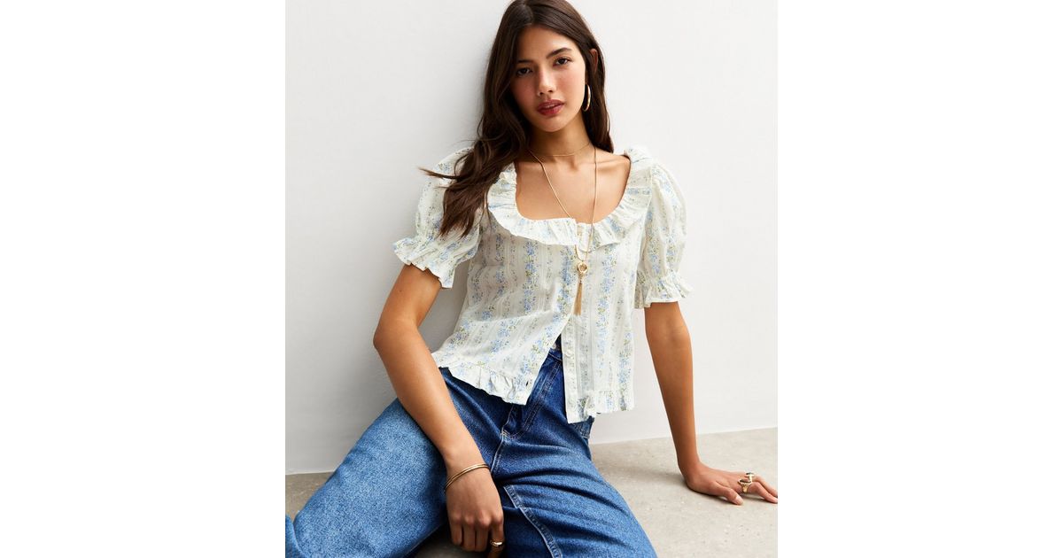 Blue Floral Print Button Tie Neck Striped Detail Short Sleeve Blouse
