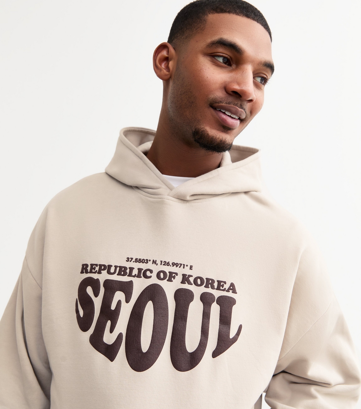 Men's Stone Oversized Seoul Slogan Hoodie New Look