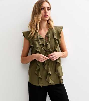 Dark Khaki Ruffle Front Tie Neck Top