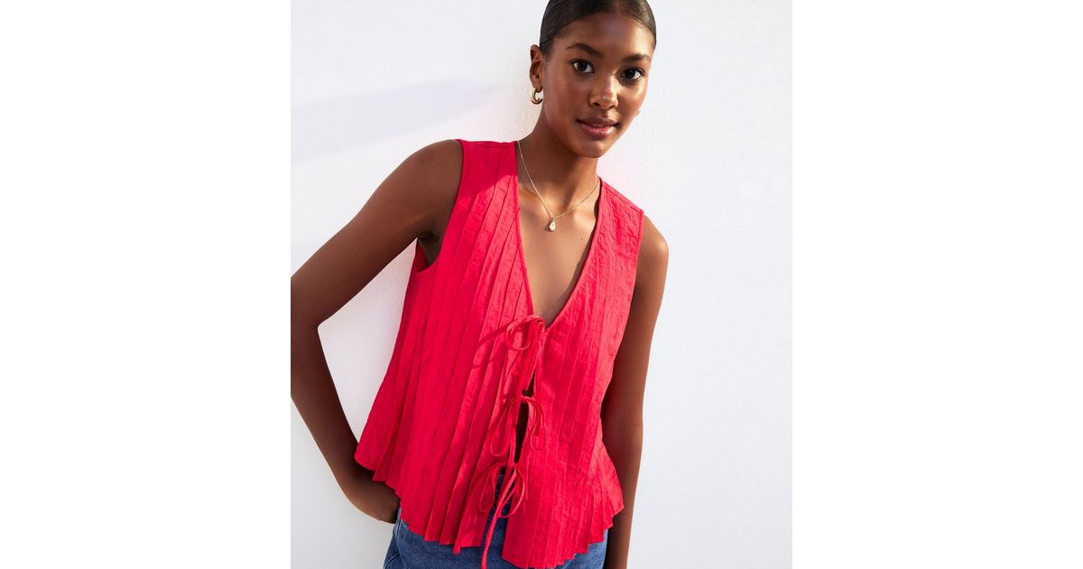 Lacy Red Tie Front Top