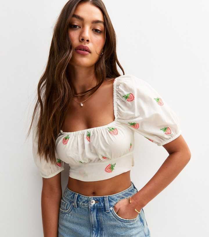 White Strawberry Embroidered Cropped Top
