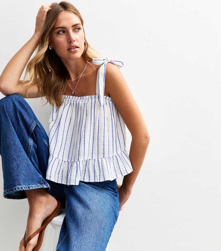 White Crinkled Striped Tie Shoulder Top