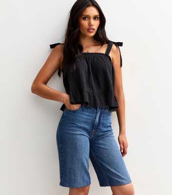 Black Textured Tiered Hem Tie Strap Top