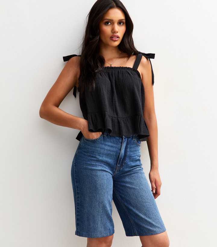 Black Textured Tiered Hem Tie Strap Top
