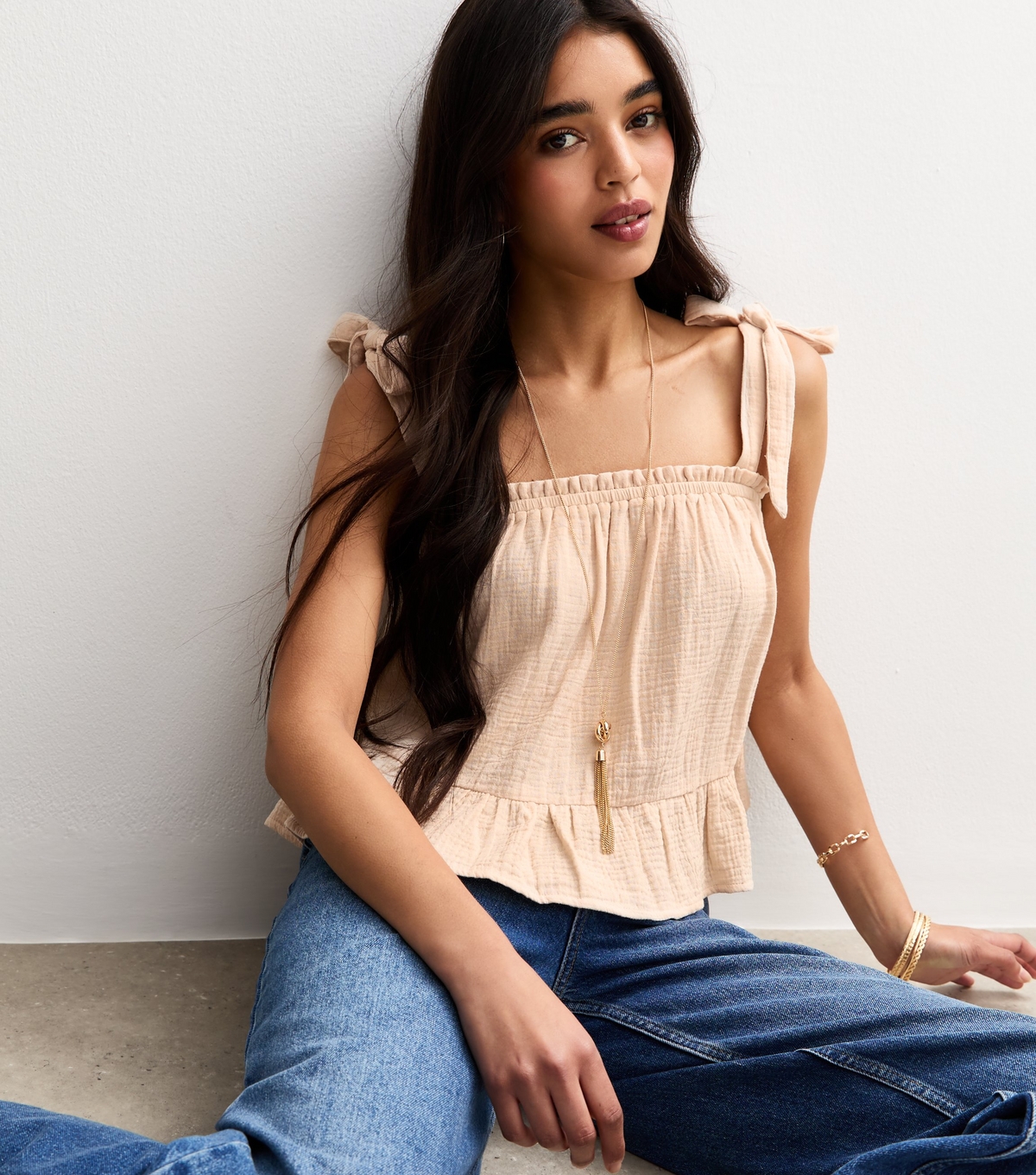 Women's Stone Textured Tiered Hem Tie Strap Top New Look