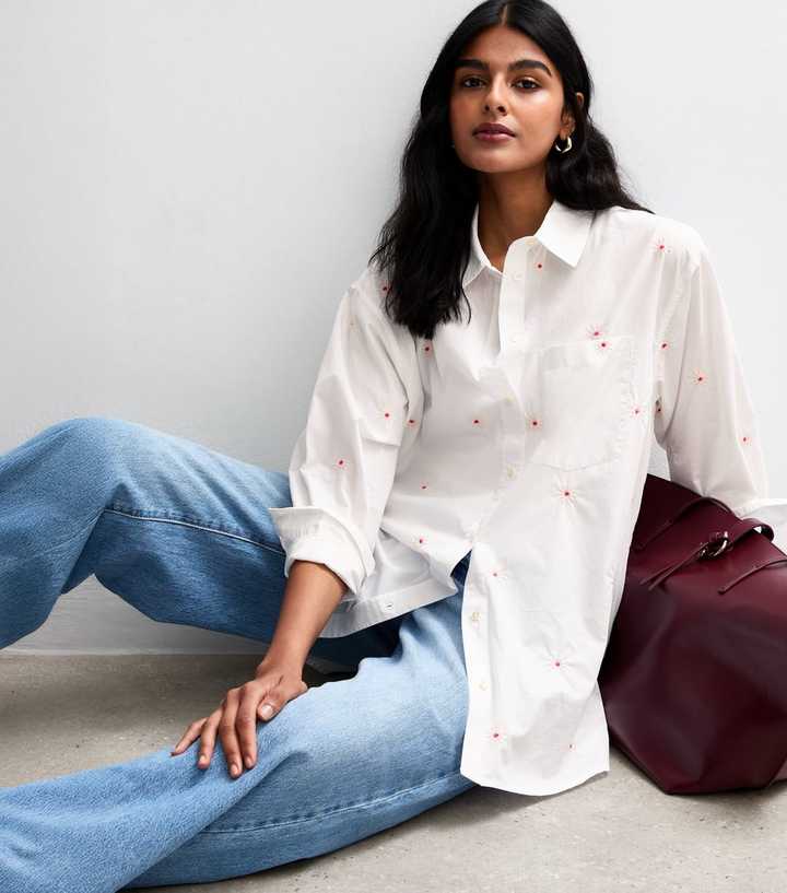 White Daisy Embroidered Long Sleeve Shirt