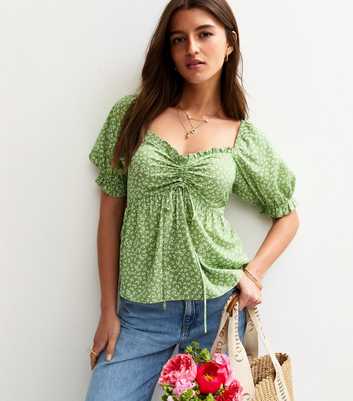 Green Daisy Print Crepe Ruched Tea Blouse