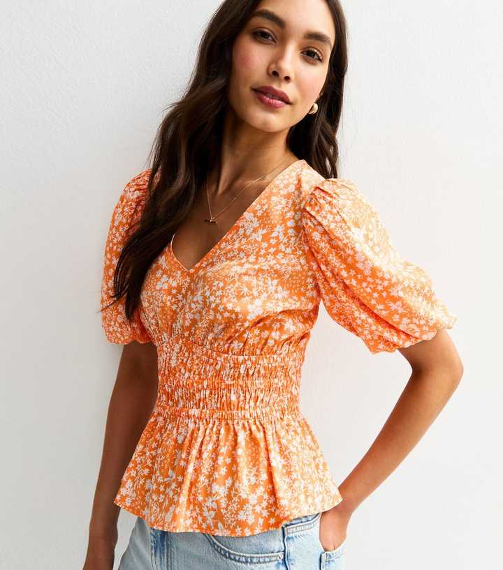 Orange Floral Shirred Waist Blouse