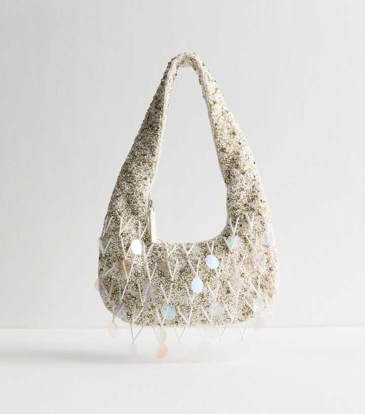 Cream Iridescent Sequin and Beaded Shoulder Bag