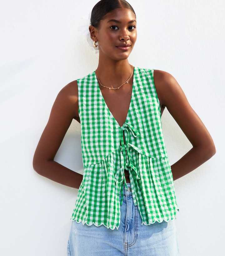 Green Gingham Check Tie Front Top