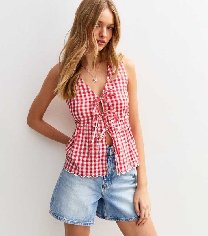 Red Gingham Check Tie Front Top