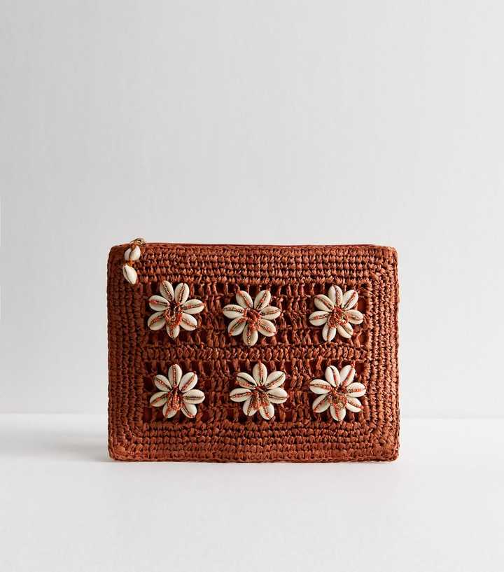 Rust Shell Crochet Straw Clutch Bag