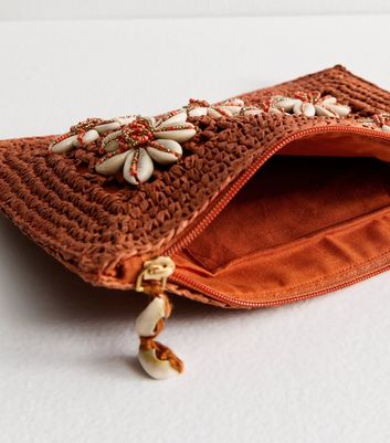 Rust Shell Crochet Straw Clutch Bag New Look