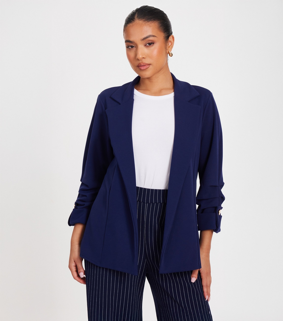 Women's Petite Navy Ruched Blazer Quiz New Look