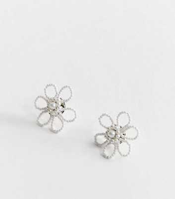 Silver Faux Pearl Floral Stud Earrings