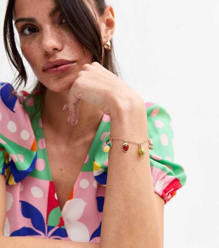 Gold Tone Fruit Charm Bracelet