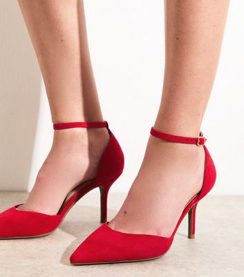 Red Faux Suede Heeled Open Court Shoes - Main Image