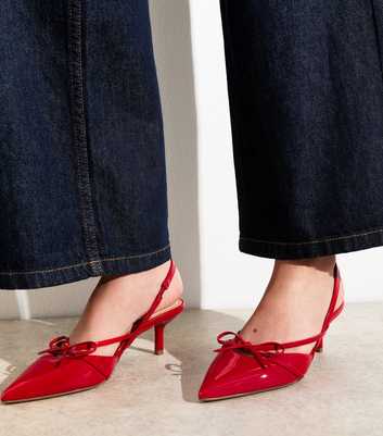 Red Faux Patent Bow Appliqued Slingback Pumps