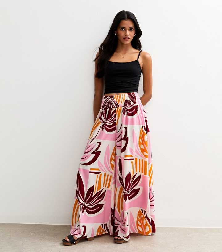 Pink Palm Print Palazzo Trousers