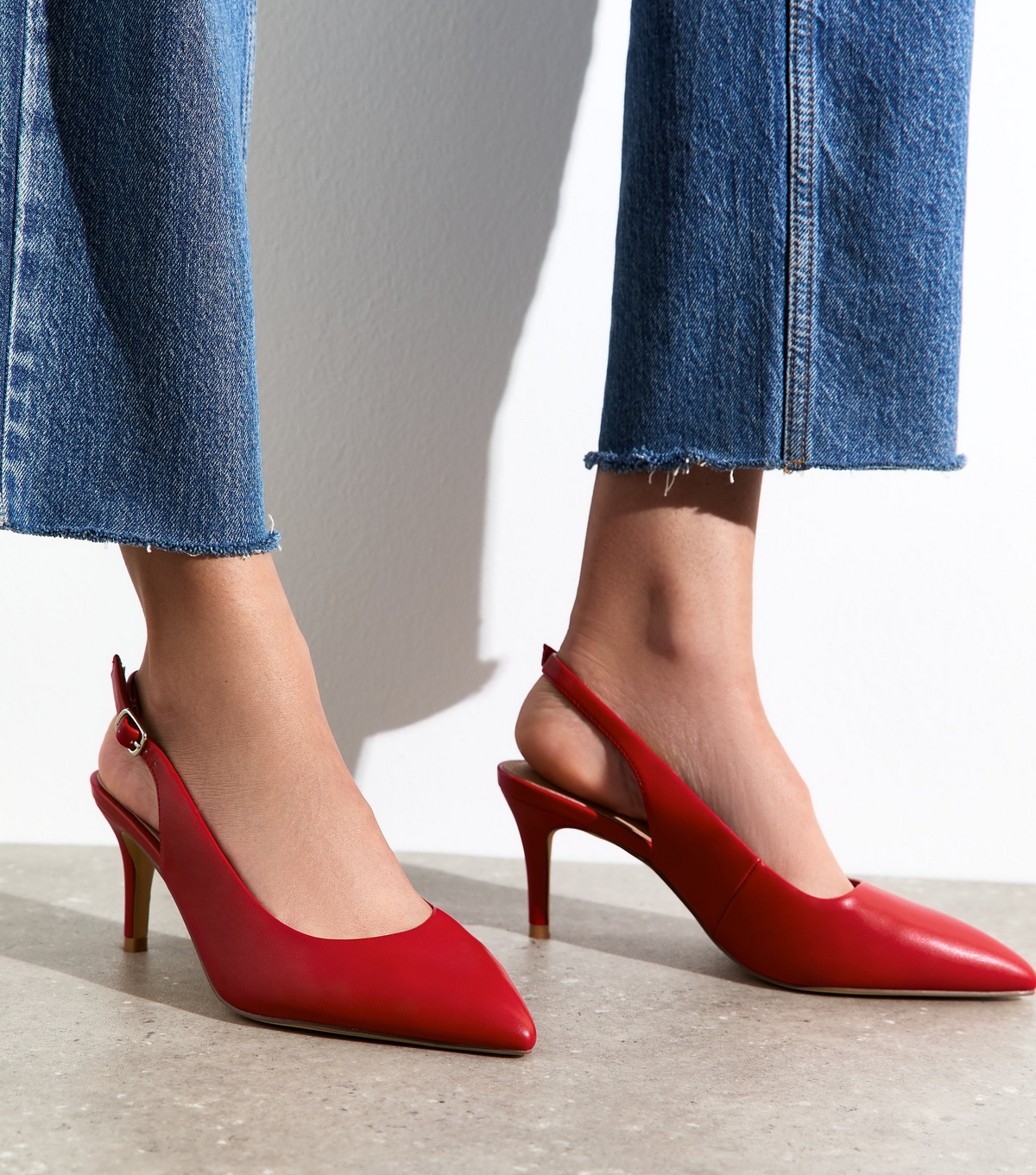 Women's Extra Wide Fit Bright Red Faux Leather Slingback Court Shoes Vegan New Look