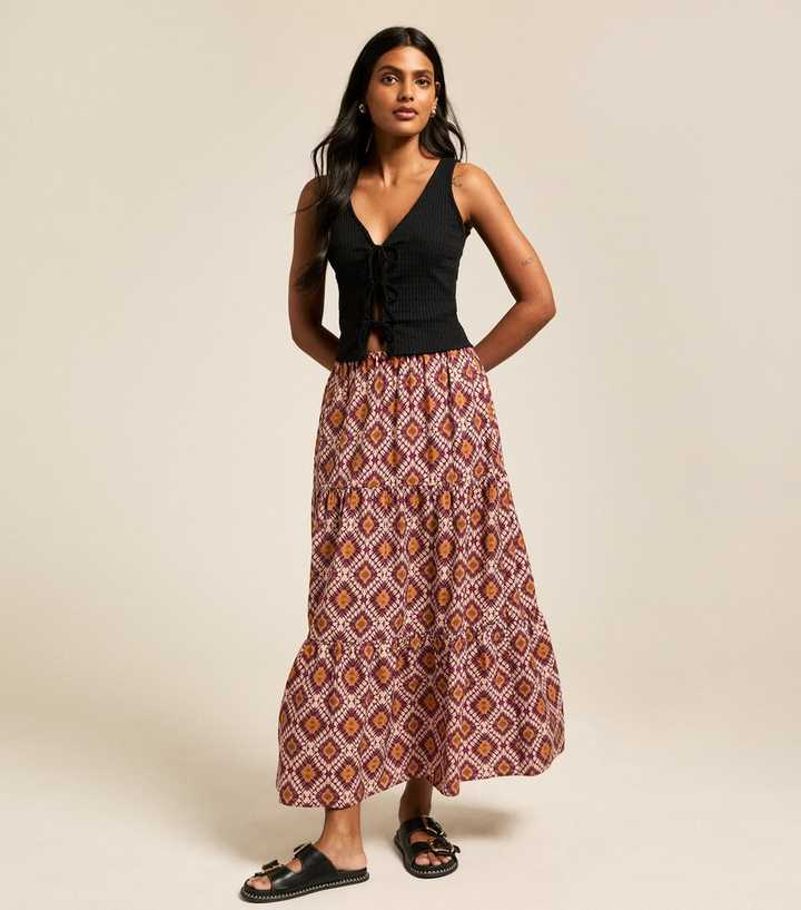 Orange Diamond print Tiered Midi Skirt
