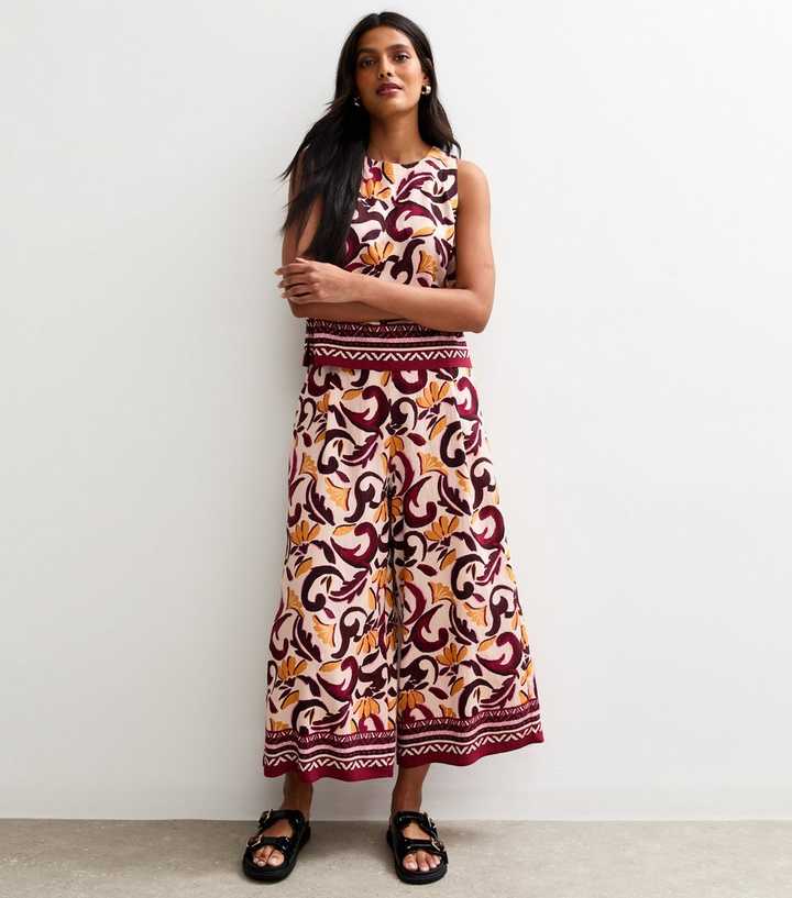 Red Floral Cropped Wide-Leg Culottes