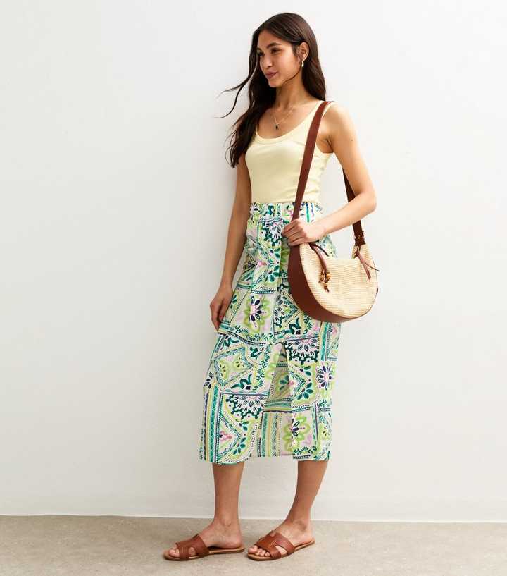 Green Tile Print Sarong Midi Skirt