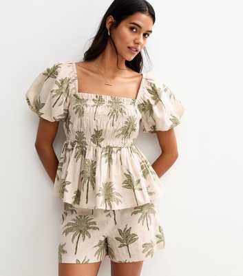 Cream Palm Print Shorts