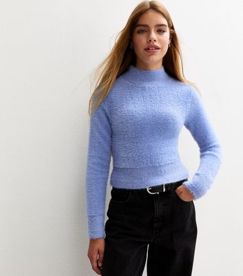 Girls Light Blue Textured Knit High Neck Jumper