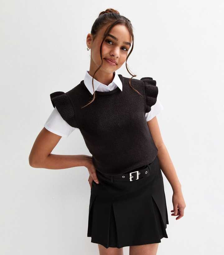 Girls Black Frill Trim Knit School Vest
