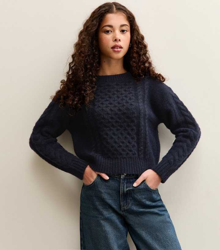Girls Navy Cable Knit Jumper