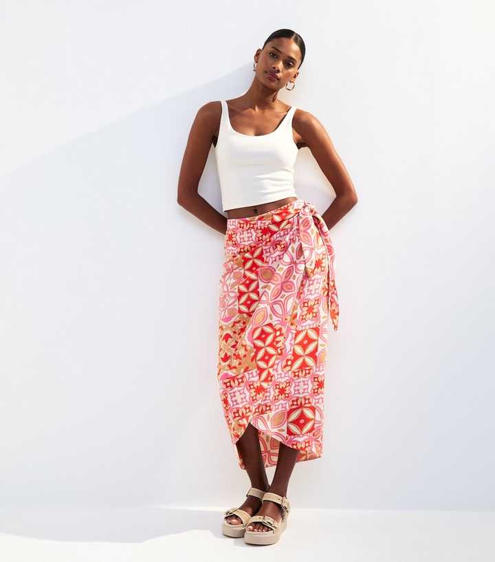 Pink Tile Print Sarong Skirt