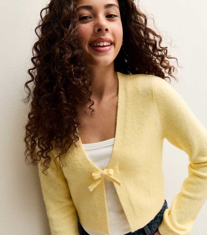 Girls Light Yellow Tie Front Cardigan