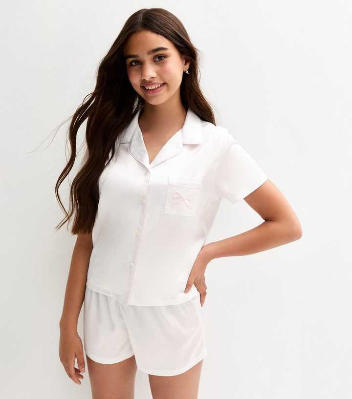 Girls White Satin Revere Collar Shirt and Shorts Pyjama Set