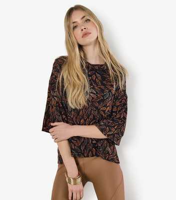 Apricot Brown Batik Leaf Print Boxy Top