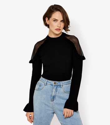 Apricot Black Mesh And Ruffle Shoulder Jumper