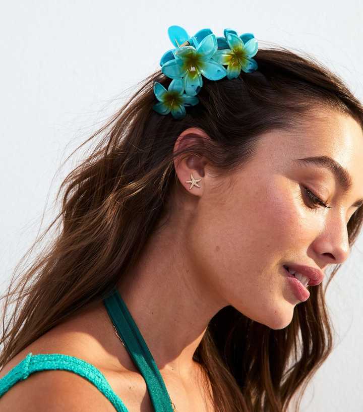 Blue Tropical Flower Cluster Hair Claw Clip