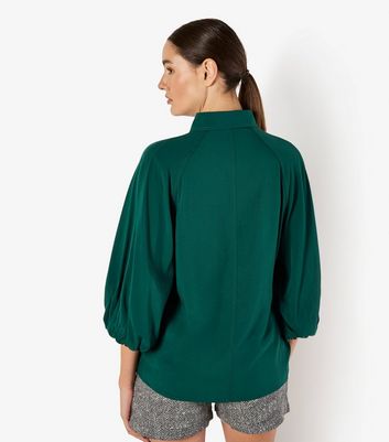 PWA QUILTED PUFFY SHIRT オリーブ Apricot Dark Green Puff Sleeve Shirt | New Look