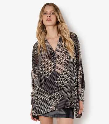 Apricot Light Grey Geometric Patchwork Print Kaftan Shirt