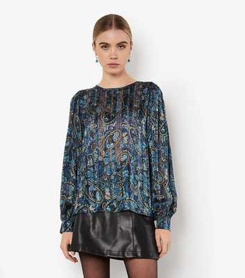 Apricot Black Paisley Print Lurex Puff Sleeve Top