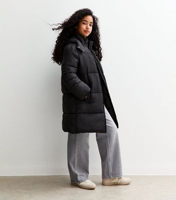 Girls Black Padded Midi Coat
