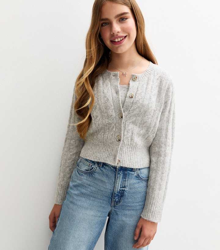 Girls Grey Cable Knit Cardigan
