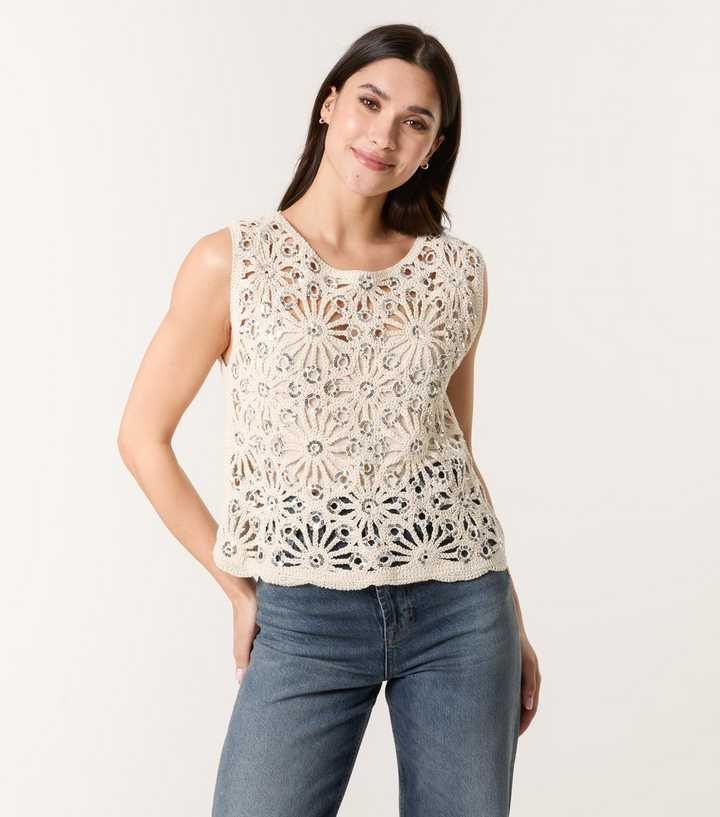 Blue Vanilla Stone Crochet Sequin Embellished Top