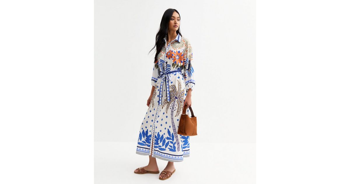 Stretch Cotton Floral Print Fit And Flare Shirt Dress- Vanilla/Midnight Blue